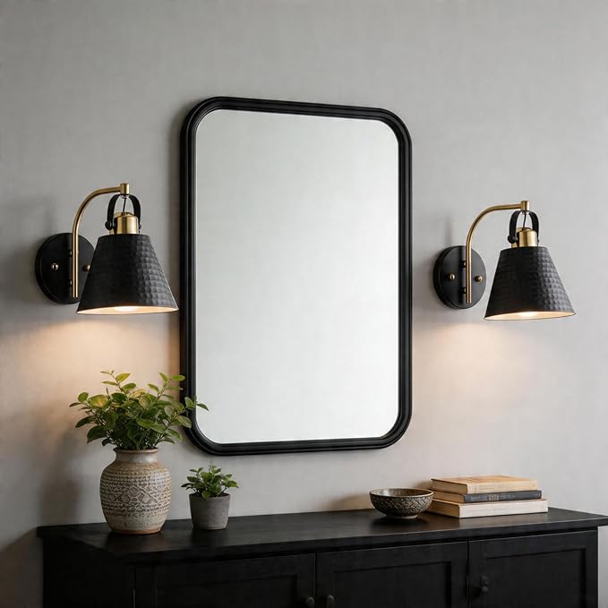PAZALA Bathroom Sconces Set of 2, Black and Gold Wall Sconces Set of Two, Bathroom Vanity Light with Rotatable Metal Shade, Modern Farmhouse Wall Light Fixtures for Bath Mirror Bedroom Stair Hallway