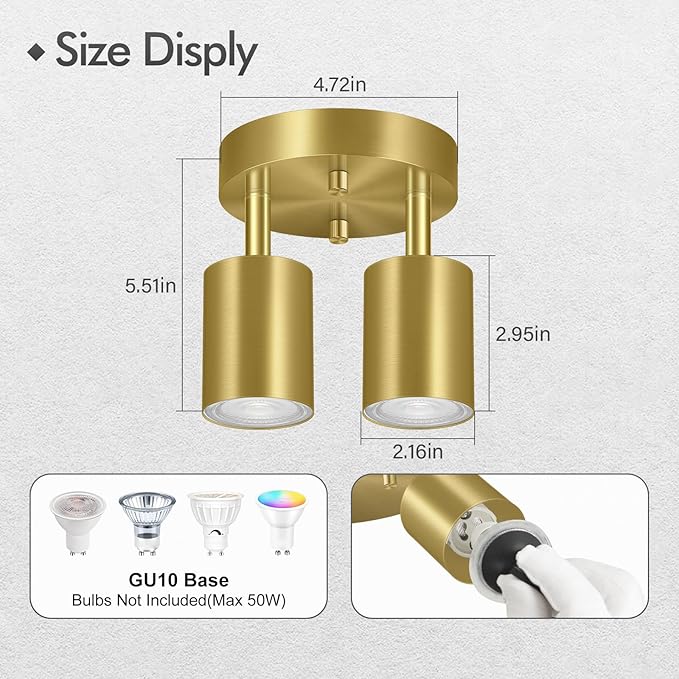 2 Light Track Lighting Fixtures Ceiling, Gold Round Directional Ceiling Spotlight, GU10 Flush Mount Ceiling/Wall Fixture, Adjustable Modern LED Track Lights for Kitchen/Living Room, Bulb Not Included