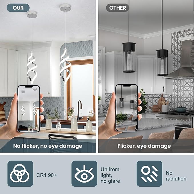 Modern Led Pendant Light Fixture, 15W Chrome Spiral Led Chandelier Hanging Lamp, 3000K-6000K, Dimmable Pendant Lamp, Adjustable Height Pendant Light for Kitchen Island Dining Room Bedroom Cafe