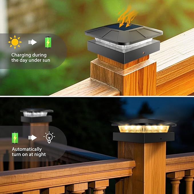Peasur 4x4 Solar Post Cap Lights 12 Packs, 3 Lighting Modes Fence Caps Light Fits 4×4/3.5×3.5 Wood/Vinyl Posts, Waterproof Post Top Lighting for Outdoor Deck Mailbox Porch Railing