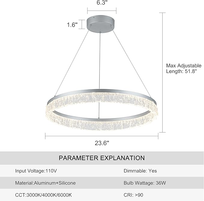 MADEM Modern Silver Led Pendant Light,36W Dimmable LED Chandelier Lighting Fixture, 1 Ring Circular Hanging Led Pendant Lighting for Living Room Dining Room Kitchen Island Foyer Office