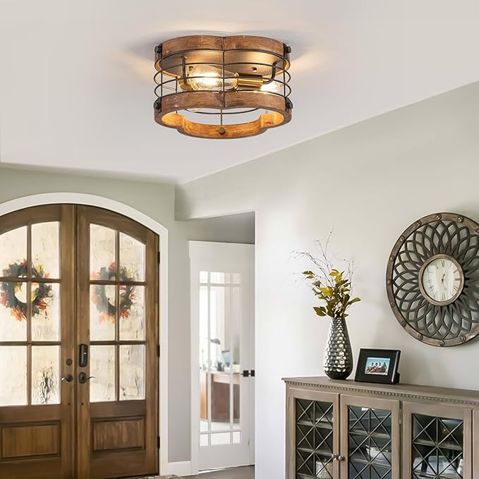 Farmhouse Flush Mount Ceiling Light, 12.2 Inch 3-Light Metal and Wood Close to Ceiling Light Fixture, Rustic Drum Semi Ceiling Light for Kitchen, Dining Room, Living Room, Hallway, Entryway