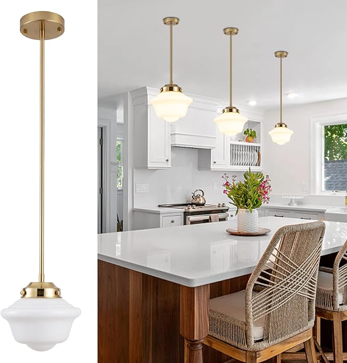 Schoolhouse Pendant Light Set of 3, 8" Brass Gold Pendant Lights with Milk Glass Shade, Farmhouse Ceiling Light Fixtures for Kitchen Dinning Room Living Room Bedroom Hallway