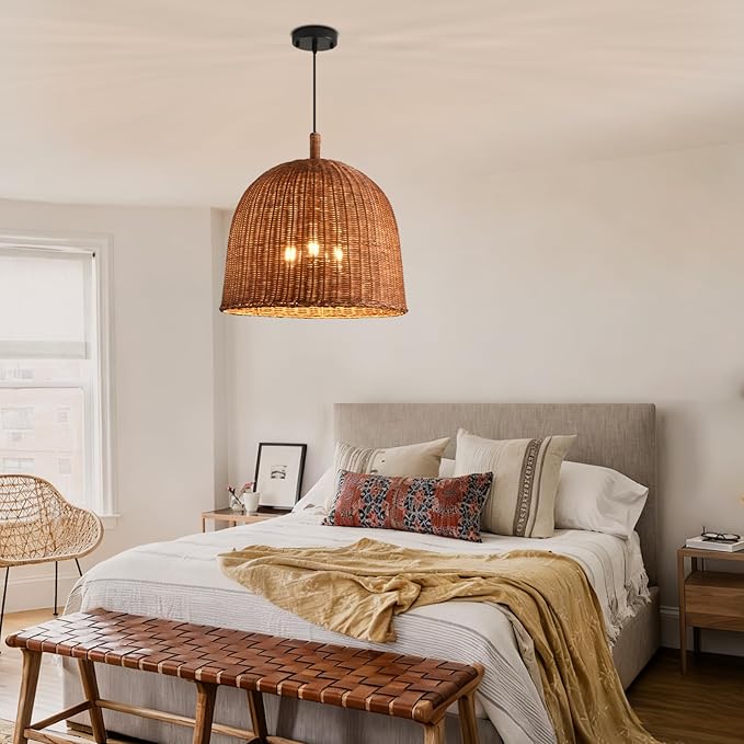 17" Farmhouse Rattan Chandelier 3-Lights Boho Wicker Pendant Lights Hand Woven Bamboo Dining Room Light Coastal Hanging Lighting Fixture for Living Room Kitchen Island Bedroom eRestaurant Foyer