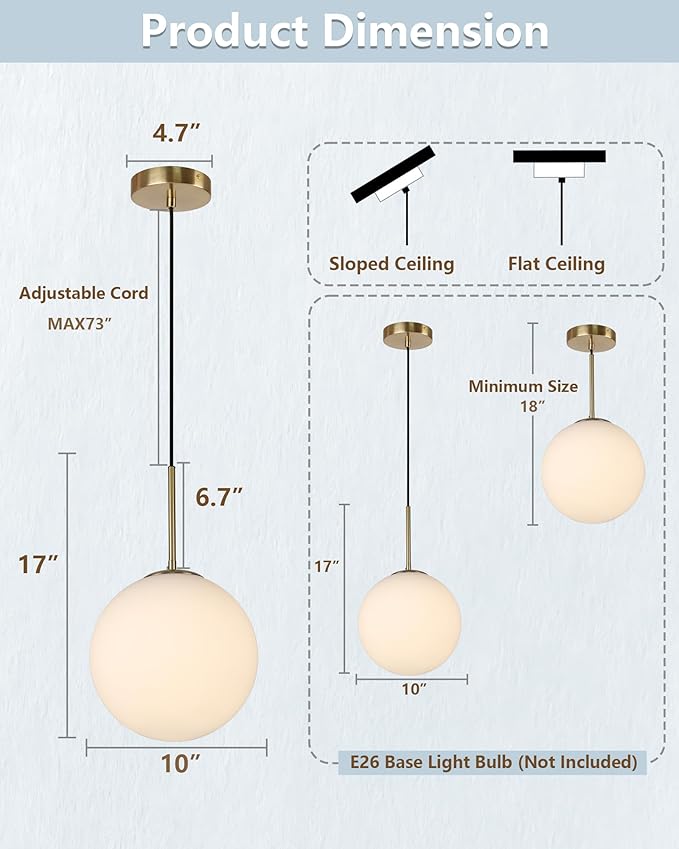 10" Milk Glass Pendant Light Mid Century Modern Globe Hanging Light Fixtures for Dining Room Kitchen Island Bedroom, Gold