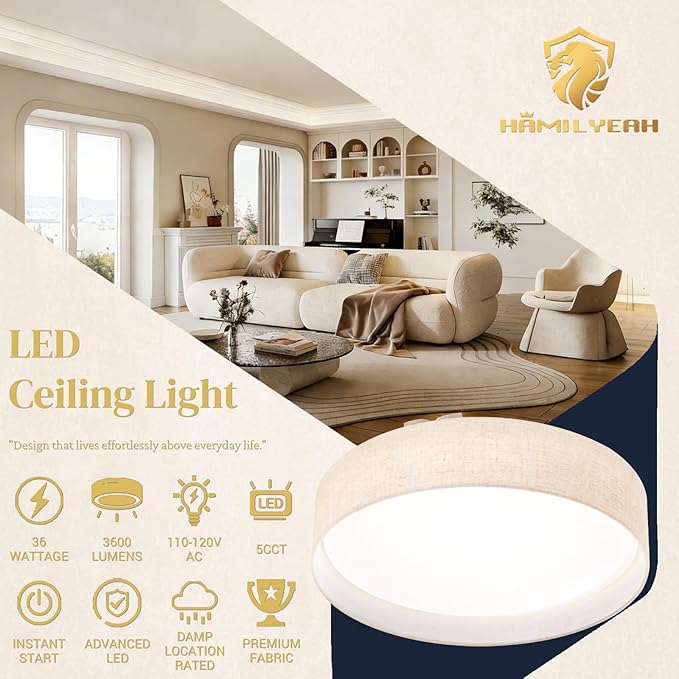 Hamilyeah 2 Pack 18 inch LED Flush Mount Ceiling Light Fixture, Dimmable Ceiling Light Fixture with Fabric Shade 36W 5CCT, Drum Light Fixture Ceiling Mount for Bedroom, Bathroom, Living Room, Kitchen