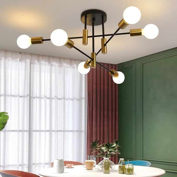 Garwarm Ceiling Light Fixture, 6-Lights Black and Gold Mid Century Semi Flush Mount Ceiling Light,Modern Sputnik Chandelier for Kitchen Dining Room Bedroom Entryway Hallway