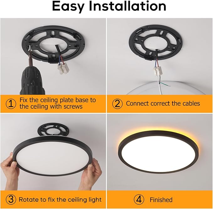 Mille Lucciole 4 Pack LED Flush Mount Ceiling Light Fixture with Remote Control Night Lights, Dimmable Ceiling Lights Black 12 Inch 30W 3000LM 3CCT Color Adjustable Led Ceiling Light fixtures