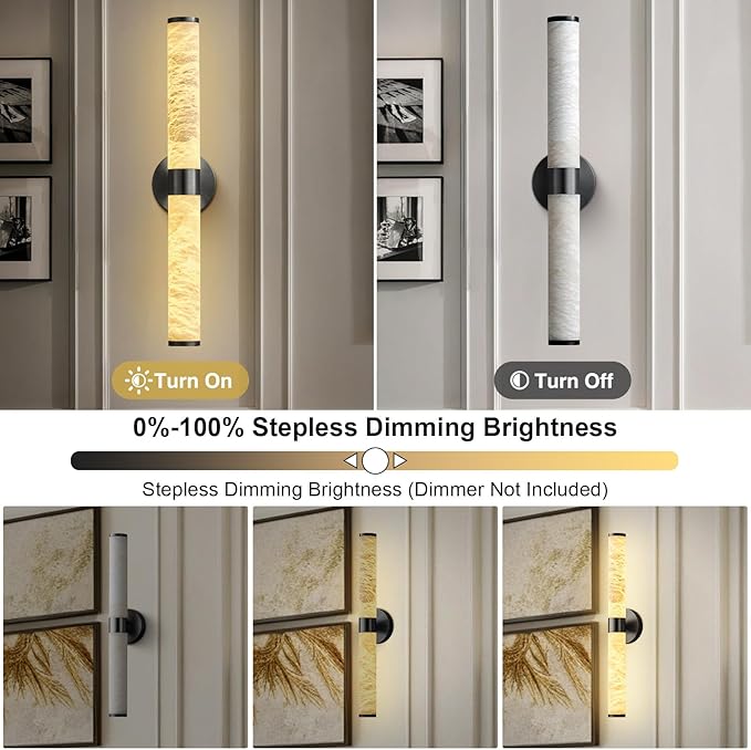 Alabaster Wall Sconces, 24" Black Wall Sconce, Cylinder Natural Spanish Marble Sconces Wall Lighting, Modern Dimmable Wall Lights for Living Room Bedroom Bathroom Hallway Stairs