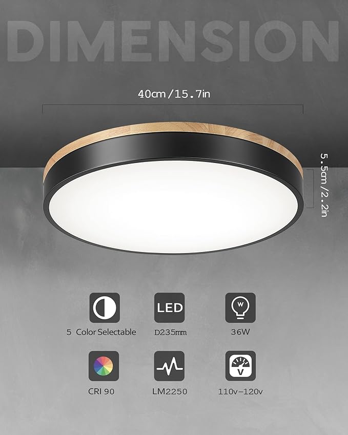 Ken & Ricky Flush Mount Ceiling Light, Dimmable Led Close to Ceiling Light Fixtures for Kitchen Bathroom Bedroom Hallway 5cct (Light Wood, 16 Inch)