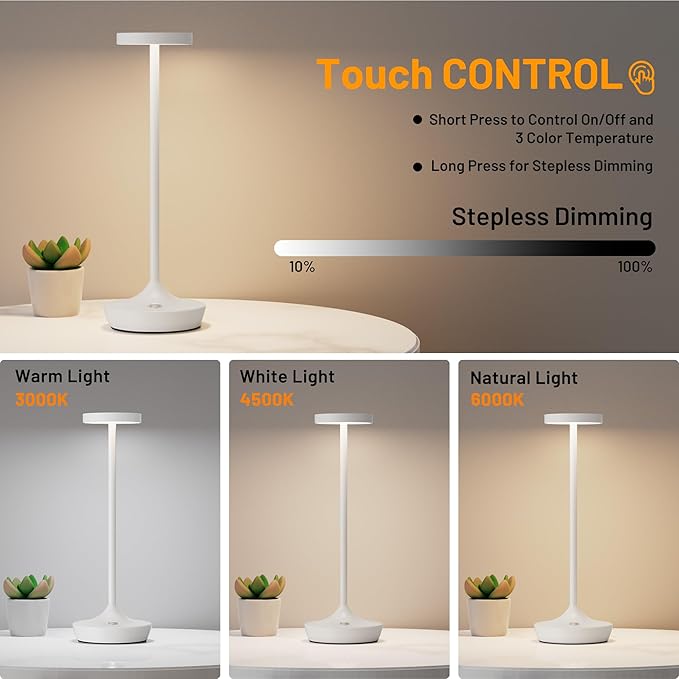 YHT Cordless Rechargeable Table Lamp - 6000mAh Portable LED Battery Operated Table Light - Outdoor Waterproof Dimmable Table Lamps for Restaurant Dining Bedroom Bars Home Patio Outdoor (White 2P)