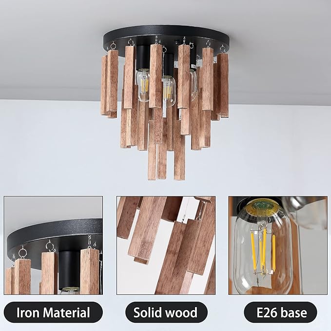 3-Light Semi Flush Mount Ceiling Lights Boho Wood Light Fixture Farmhouse Chandelier Oak and Black Ceiling Lighting with E26 for Kitchen Living Room Entryway Bedroom Dining Room