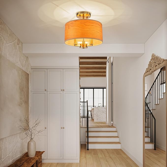 3-Light Solid Wood Drum Ceiling Light, Coastal Style Pendant Light Fixture for Dining Room, Living Room, D11.8 * H11.1 inch, Solid Wood Lampshade & Gold Finish