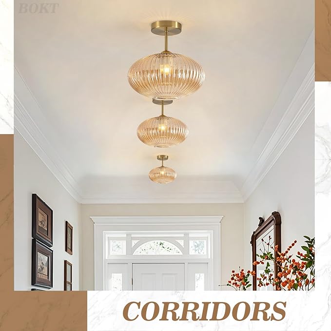 BOKT Amber Glass Flush Mount Ceiling Light Schoolhouse Style Close to Ceiling Lights Set of Two Antique Brass Flush Mount Kitchen Lighting Gold Hallway Ribbed Glass Ceiling Lights