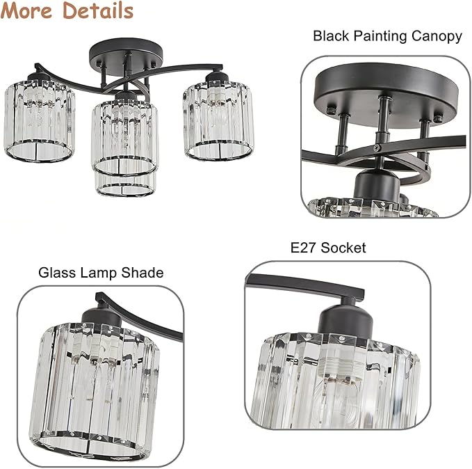 Crystal Chandelier, Modern Elegant Ceiling Light E26 Base Easy Installation Durable Metal Frame for Living Room Bedroom Dining Room,Black