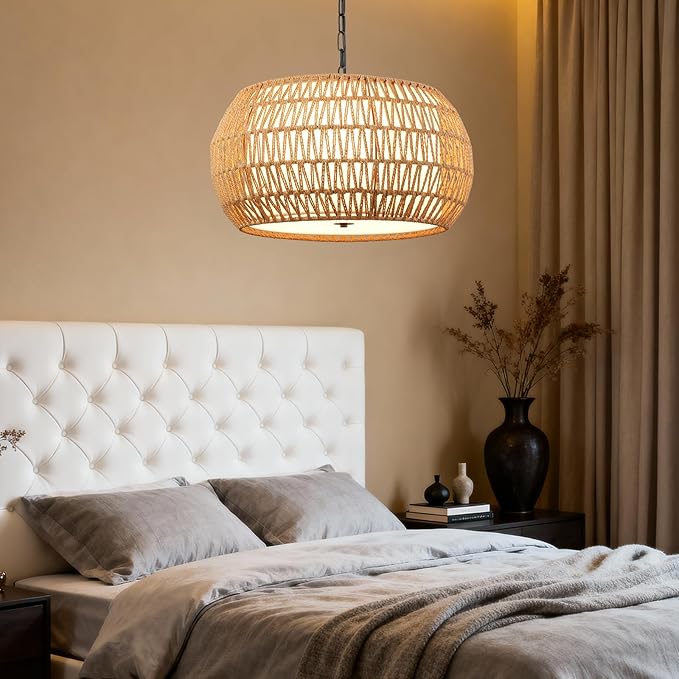 5-Light Farmhouse Rattan Chandelier with Fabric Shade, 19" Large Woven Wicker Pendant Light for Dining Room, Bedroom & Living Room, Hand Woven Wicker Fixture (No Bulbs)