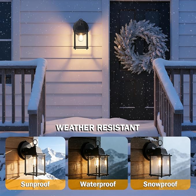 LIT-PaTH Dusk to Dawn Outdoor Wall Lantern, Wall Sconce Waterproof Porch Lighting Fixture, E26 Base, Aluminum Housing with Glass Shade, 1-Pack, Black