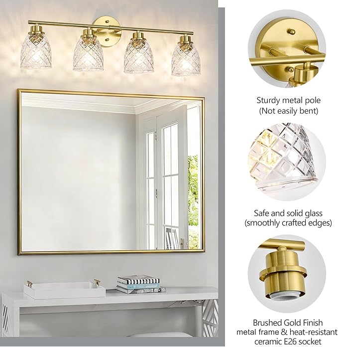 4-Light Bathroom Light Fixtures, Modern Brushed Gold Vanity Light Over Mirror, Wall Sconce with Clear Hammered Glass Shades, E26 Base (Bulbs Not Included)