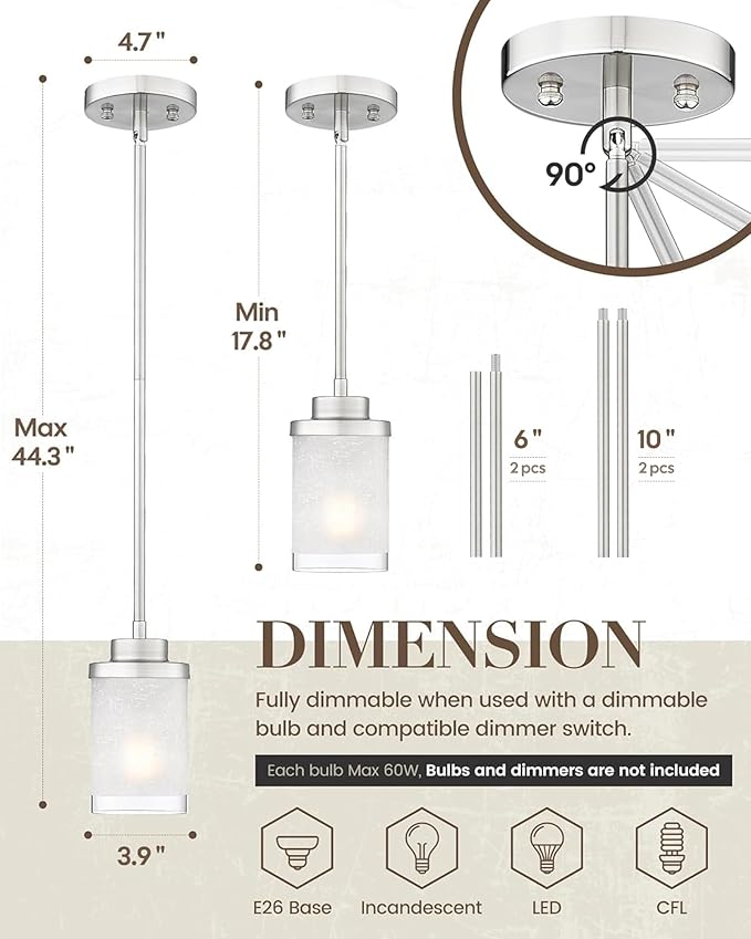TENGXIN Modern Pendant Light for Kitchen Island, Brushed Nickel Hanging Ceiling Light Fixture,Farmhouse Pendant Lighting for Dining Room Bedroom Bar Office,TXPLBN01