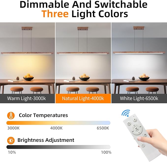 Modern Wooden Pendant Light, 47IN Walnut Wooden Chandelier with Remote Control 3000k-6500K Adjustable Color Temperature，Aluminum Island Lighting Lamp for Dining Room, Living Room