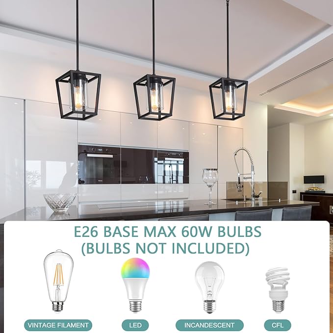 SGLfarmty Pendant Lights Kitchen Island, 1-Light Black Modern Farmhouse Adjustable Lantern Hanging Fixture with Glass Shade for Dining Room Entryway Hallway