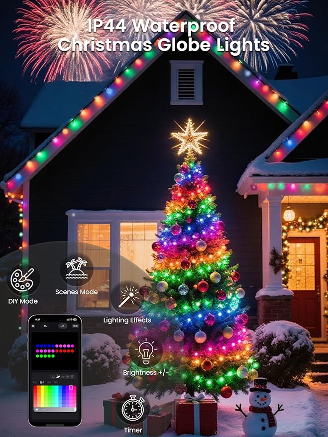 46ft Smart Color Changing Red White and Blue String Lights Outdoor Indoor | 100LED 4th of July Decorations App Control with Remote, Globe Patriotic American Flag Lights for Independence Memorial Day