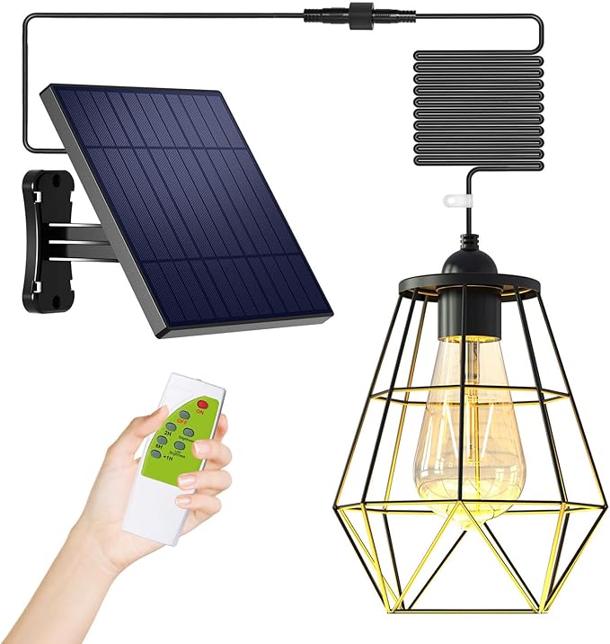 Solar Chandelier Outdoor with 16FT Cord Dusk to Dawn Solar Pendant Light Timer Remote Control Waterproof for Gazebo, Indoor, Yard, Playhouse (Lantern Plus)