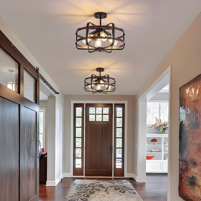 17.71'' Farmhouse Cage Semi Flush Mount Ceiling Light Fixture 4-Light Rustic Metal Ceiling Lighting Industrial Light Fixtures Vintage Ceiling Mount Black Chandeliers for Dining Room Kitchen Foyer E26