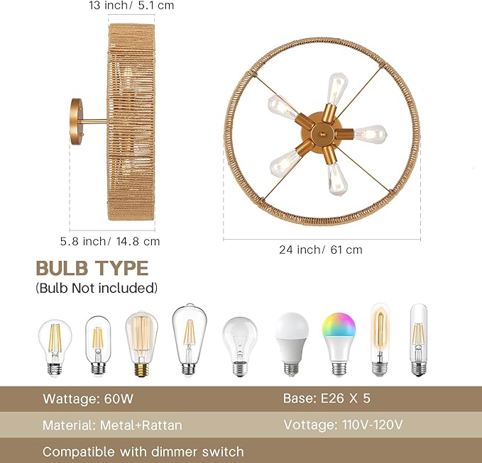24" Natural Rattan Flush Mount Ceiling Light Fixture, 5-Light Gold Hand-Woven Wicker Boho Chandelier for Bedroom, Living Room, Dining Room, Kitchen, Rustic Lamp for Hallway and Entryway