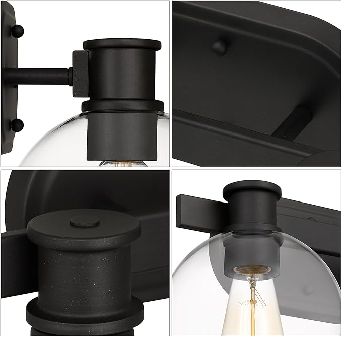 Tawson Dan Modern Farmhouse 2-Light Vanity Light Wall Sconce Lighting with Clear Glass Globe Shade in Light Black Finish for Bedroom, Hallway, Kitchen