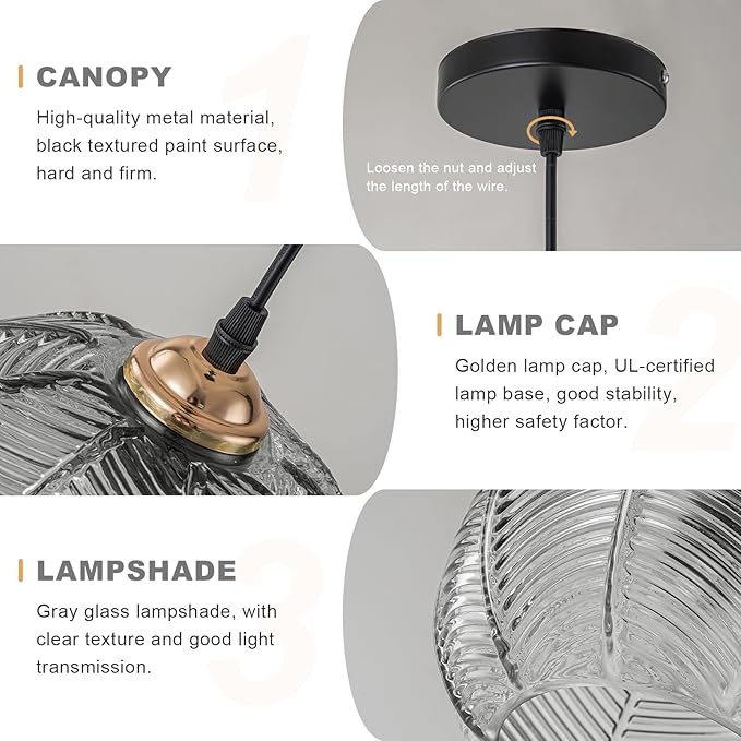 Industrial Hanging Pendant Light, Farmhouse Black and Gold Hanging Kitchen Light Fixture with Gray Ribbed Glass Shade, Modern Pendant Lamps for Kitchen Counter Dining Table Bedroom Home Bar