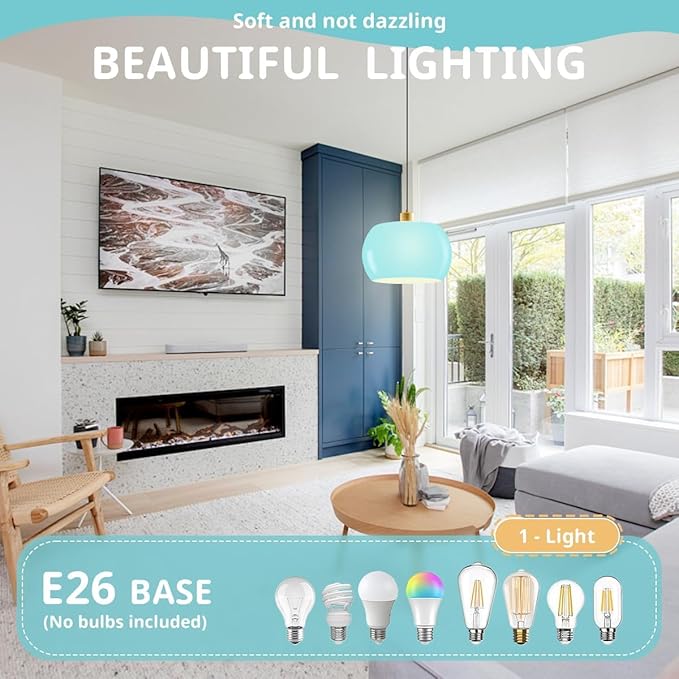 Globe Pendant Lighting Milk Glass Pendant Light Kitchen Island Hand Blown 1-Light 11-inch Dome Shade Gold Adjustable Mid Century Hanging Lamp for Farmhouse Dining Room (2-Pack, Blue)