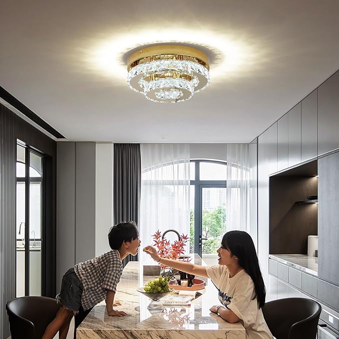 Gold Crystal Chandelier Flush Mount Ceiling Light, 9.8" Surface Mount LED Fixture with Built-in Light, Mini Bedroom Light 6000K