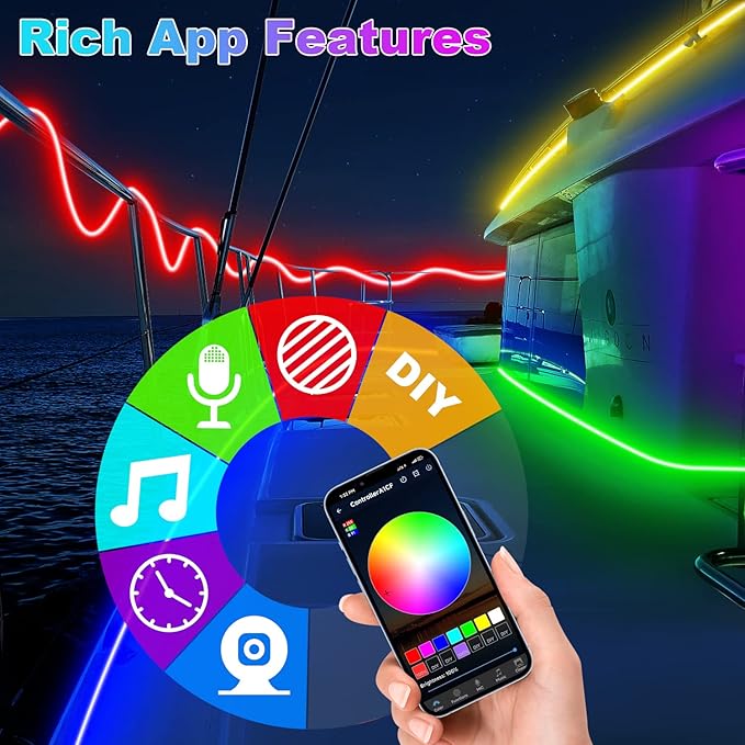 LED Boat Lights Strip 33FT, IP67 Marine LED Strip Pontoon Boat Light App Control, 12V RGB Waterproof Boat Interior Light, Night Fishing Lighting for Bass Boat, Kayak, Jon Boat, Cabin, Deck
