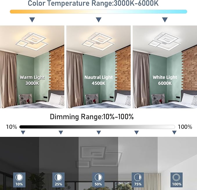 Modern White Led Ceiling Light 3-Square Design 3000K-6500K Dimmable LED Ceiling Light with Remote 33W Acrylic Ceiling Lighting Fixture for Bedroom Kitchen Dining Room Office Lamps (White)