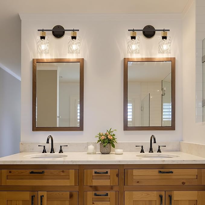 MOKATNG Bathroom Light Fixtures, 2-Light Coastal Vanity Lights with Crystal Glass Shade, Brown and Gold Bathroom Wall Lamp for Mirror Kitchen Hallway Cabinet