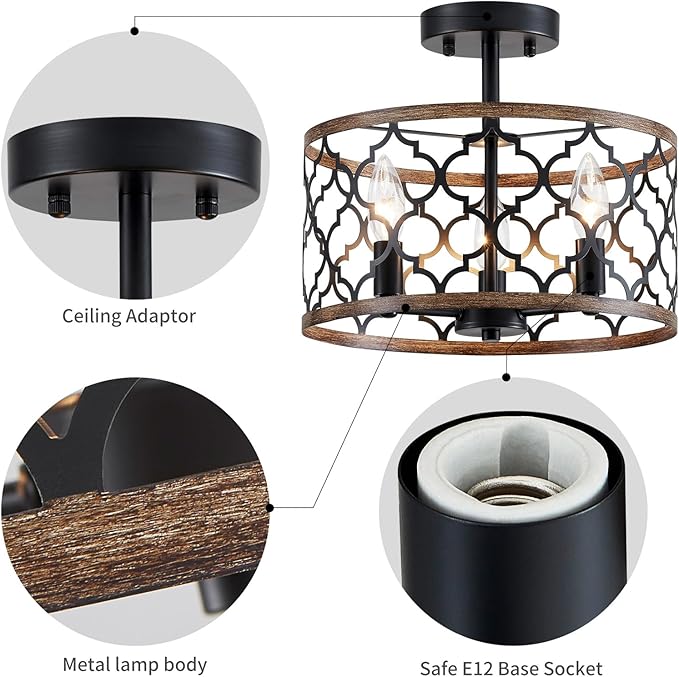 WUZUPS Chandelier 3-Light Vintage Farmhouse Semi-Flush Mount Ceiling Light Lighting Fixture for Foyer Bedroom Hallway Storage Room Kitchen Bathroom, H 9.8" x W 12.4", E12 Base, Black & Wood Imitaion