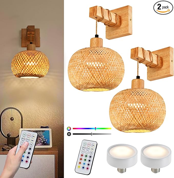 Boho Battery Operated Wall Sconce Set of Two, Rechargeable Wall Sconces with Remote,Wireless Sconces Set of 2 for Bedroom,Living Room,Entryway RGB 15 Colors Dimmable-Bright Wood