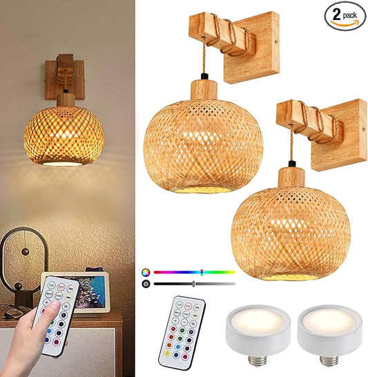 Boho Battery Operated Wall Sconce Set of Two, Rechargeable Wall Sconces with Remote,Wireless Sconces Set of 2 for Bedroom,Living Room,Entryway RGB 15 Colors Dimmable-Bright Wood