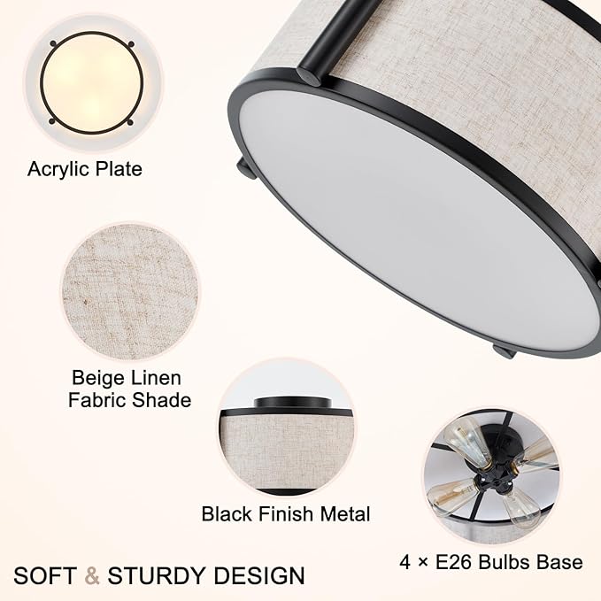 18" Semi Flush Mount Ceiling Light Modern 3-Lights Black Drum Ceiling Light Fixture with Fabric Linen Shade, Vintage Modern Ceiling Lighting for Laundry Room, Kitchen, Basement, Bedroom
