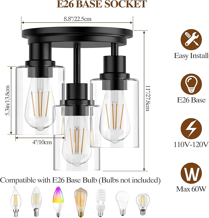 ROTTOGOON Semi Flush Mount Ceiling Light, Close to Ceiling Lights Fixtures, 3 Light Kitchen Ceiling Lights Fixtures with Glass Shades, Hallway Light Fixtures Ceiling Mount for Foyer, Black