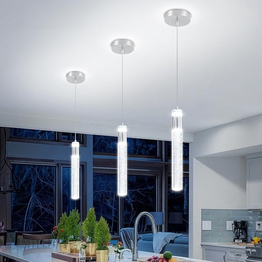 Modern LED Chrome Crystal Pendant Light Kitchen Island, Bedroom Bedside Hanging Ceiling Lamp with Crystal Bubble Column, Dimmable 3000k-6000k 1-Light Independent