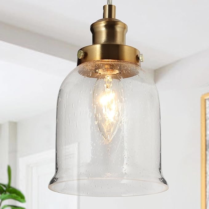 KSANA Pendant Lights Kitchen Island, Gold Seeded Glass Pendant Light Fixtures, Modern Adjustable Hanging Pendant Lighting for Kitchen, Entryway, Foyer