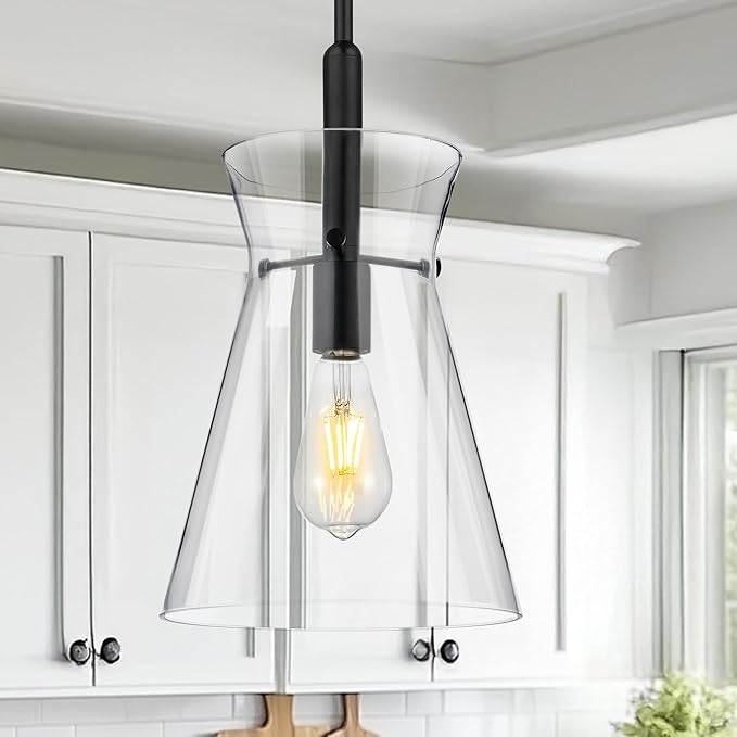 Emak Black Pendant Lights Kitchen Island, Modern 9 Inch Large Clear Glass Pendant Light, Farmhouse Hanging Lights for Kitchen, Dining Room, PL130-BK-CG