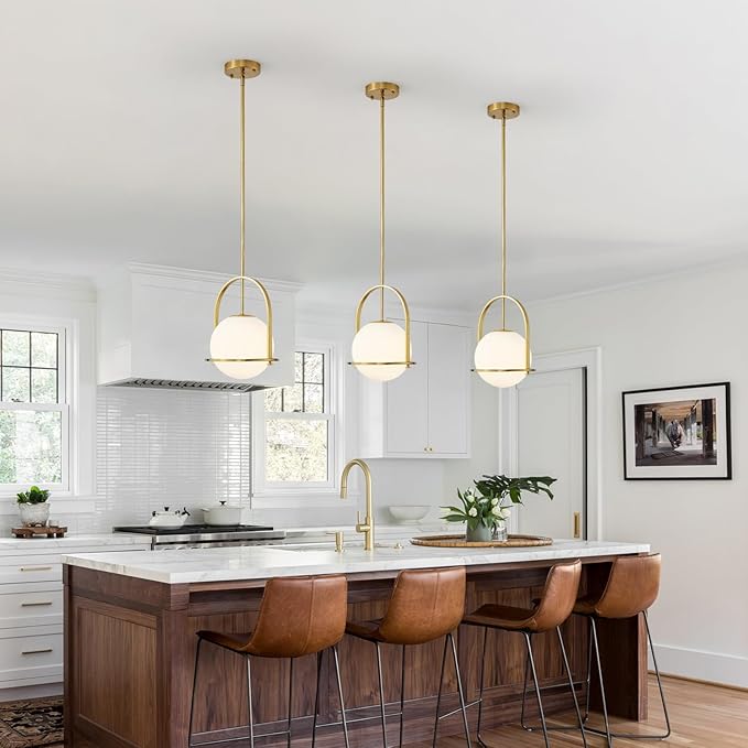 youngrender Modern Gold Schoolhouse Pendant Light Fixture, 6" Gold Globe Pendant Lighting with Hanging Adjustable Height, One Light Milk Glass Chandelier for Kitchen Island Dining Room Hallway