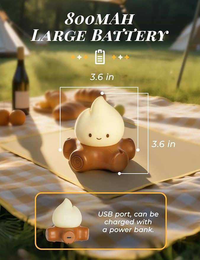 WANIDEA Fake Campfire Lamp, Ambient Lighting, Desk Accessories, Portable Rechargeable Night Light, Candlelight Mode Mood Lighting, Bedroom, Desktop, Camping Decor, Cute Gifts