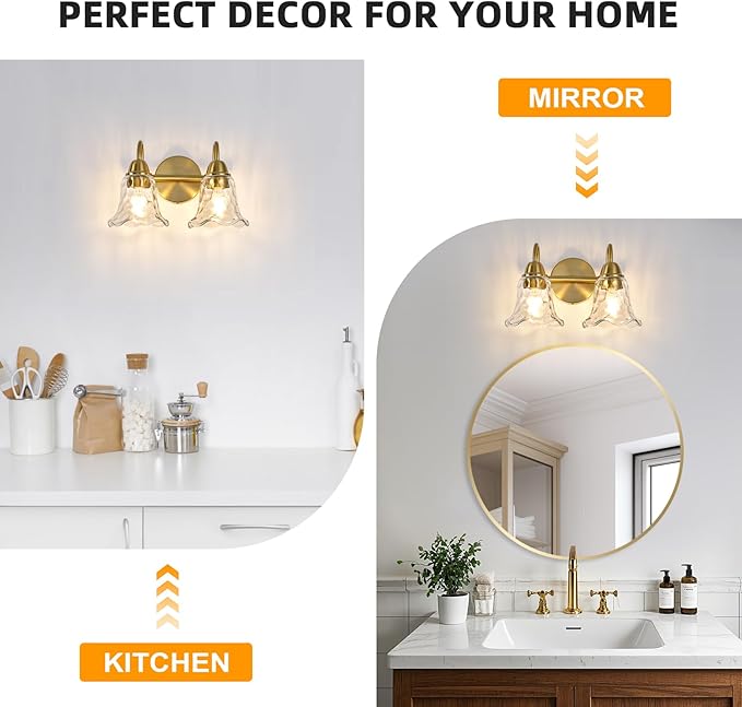 Bathroom Light Fixtures Over Mirror, 2 Lights Vintage Wall Sconces with Hammered Glass Shade, 12.6" Gold Bathroom Wall Light Fixtures for Bedroom, Porch, Hotel, Mirror Cabinet