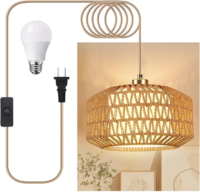 Plug in Pendant Light, Rattan Hanging Lights with Plug in Cord, Rattan Woven and Fabric 2 in 1 LampShade, Hanging Lamp Plug in for Bedroom Living Room Kitchen Island (Bulb Included)