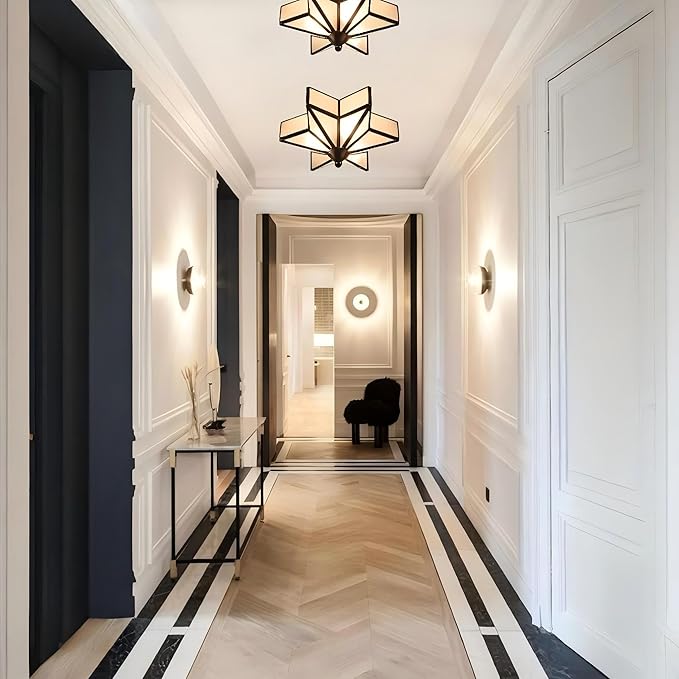 LIGHTLAND 11.8 Inch Flush Mount Star Ceiling Light, 3 Lights Brass Ceiling Lamp with Glass Lampshade, Art Deco Close to Ceiling Light Fixtures for Entryway Hallway Porch, Black