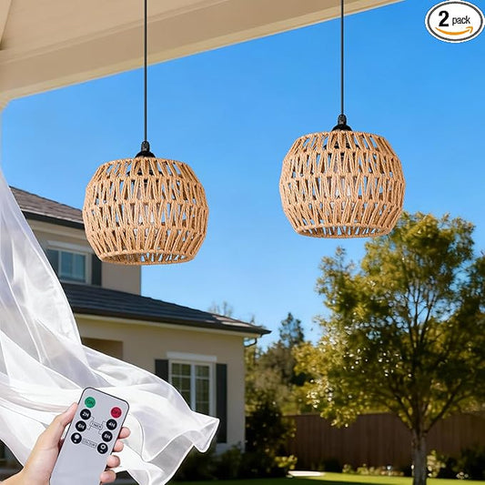Battery Operated Outdoor Chandelier,Battery Operated Pendant Light with Remote Control, No Wiring Outdoor Hanging Light for Porch Patio Gazebo (7.9" 2Pack)